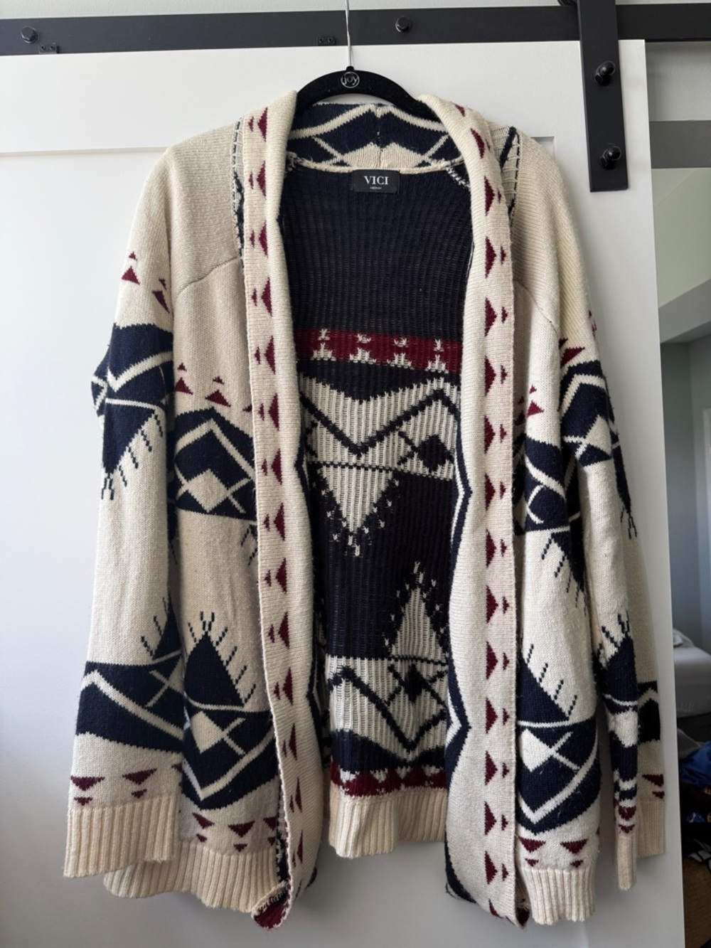VICI Ivory Navy and Burgundy Aztec Open-Front Cardigan